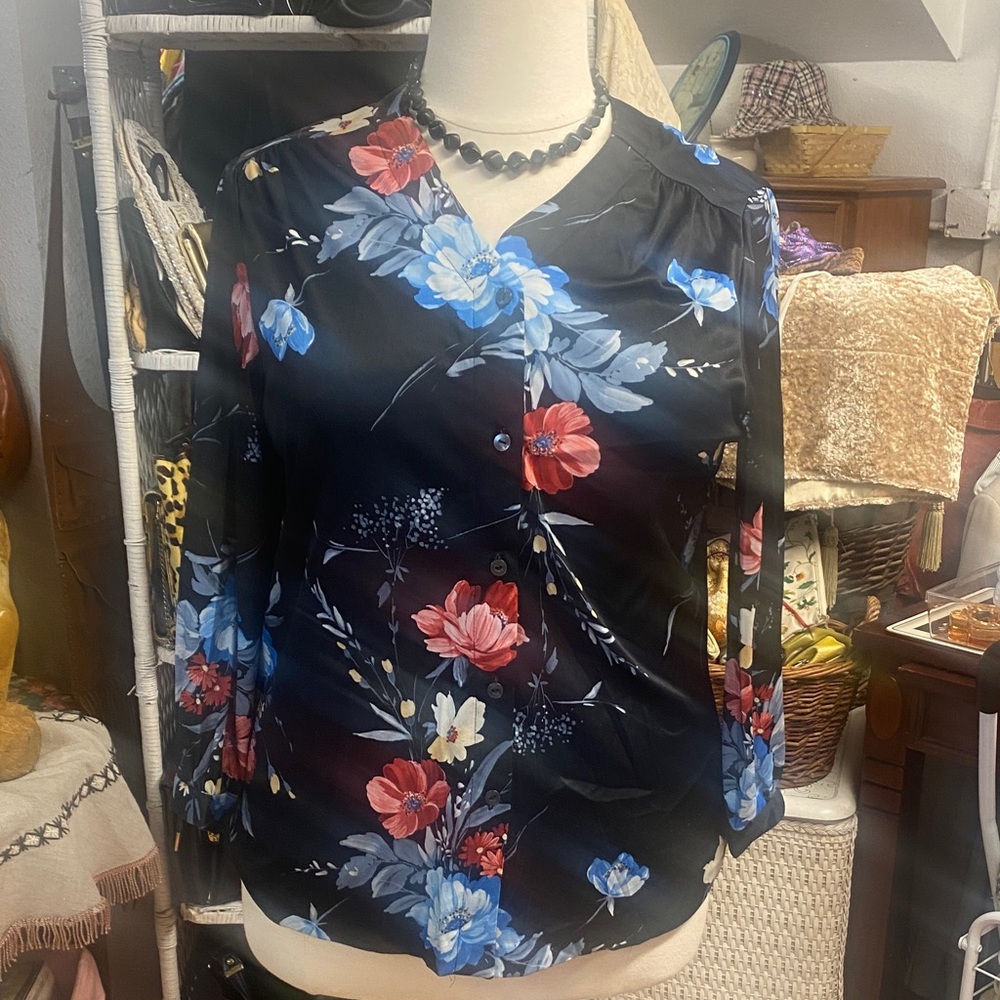 Vintage 70’s - California Patterns- Bold Floral - Silky Black Blouse